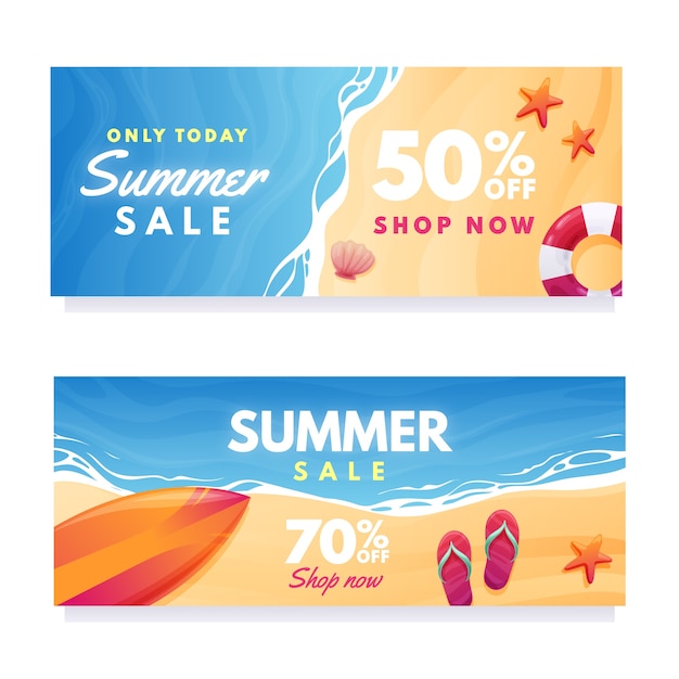 Free vector gradient summer sale horizontal banners set with beach and surfboard and flip flops