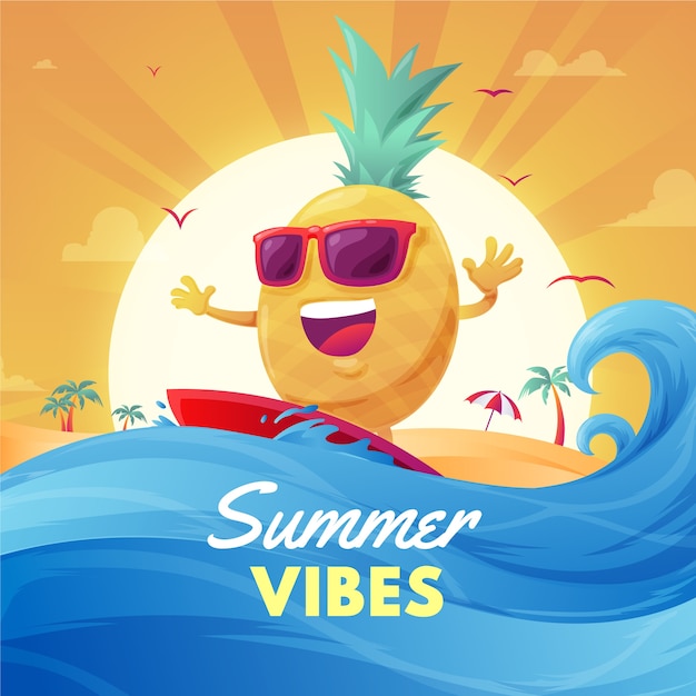 Gradient summer vibes illustration with pineapple surfing