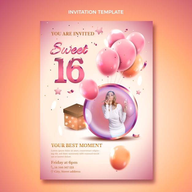 Free vector gradient sweet 16 invitation template