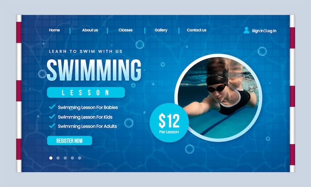 Бесплатное векторное изображение Целевая страница уроков плавания с градиентом