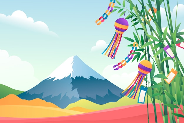 Free vector gradient tanabata background with mountain