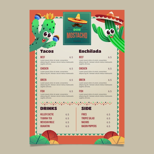 Vettore gratuito design del menu taqueria sfumato