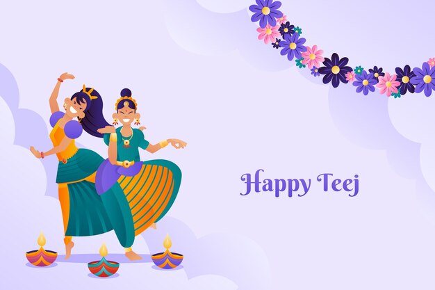Gradient teej background with women dancing and flowers