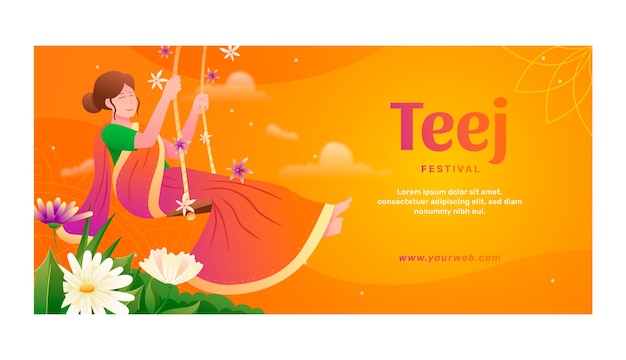 Gradient teej horizontal banner template with woman in swing