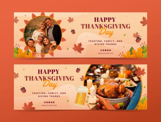 Free vector gradient thanksgiving horizontal banner template with leaves