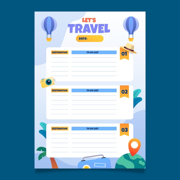 Free vector gradient travel itinerary template with hot air balloons