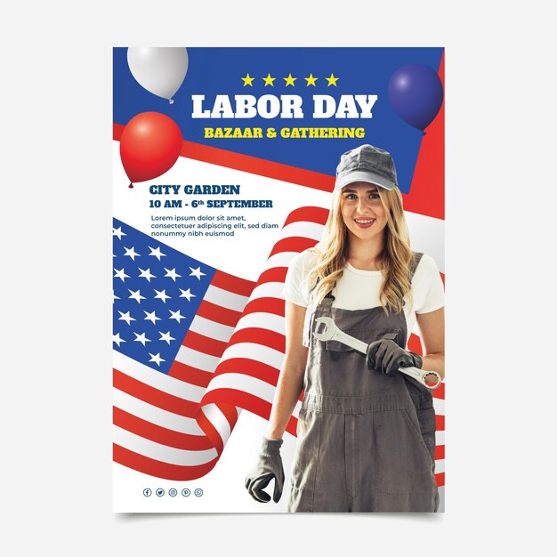 Gradient usa labor day vertical flyer template with photo