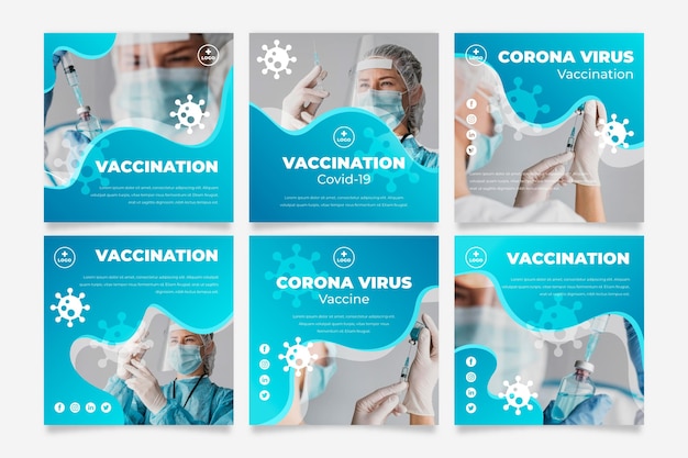 Vettore gratuito post instagram vaccino gradiente impostato con foto
