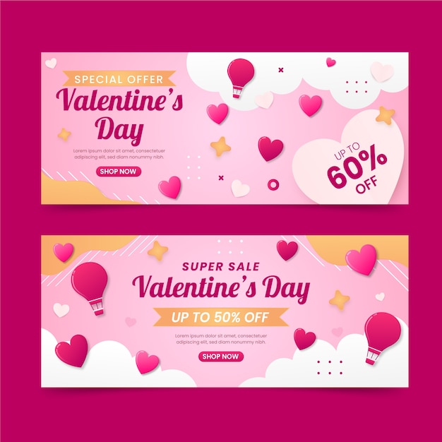 Vettore gratuito set di banner orizzontali di vendita di san valentino sfumato