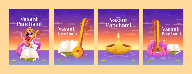 Gradient vasant panchami greeting cards collection with zither