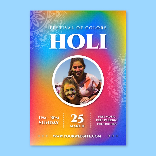 Modello di volantino verticale gradiente per la celebrazione del festival di holi.