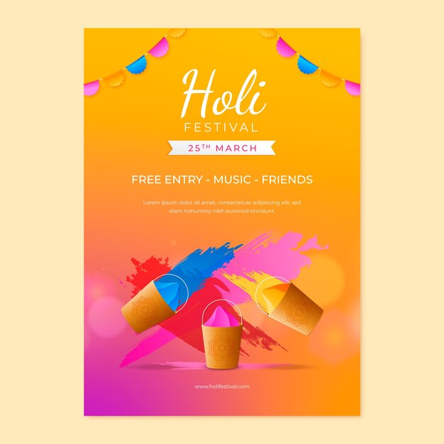 Modello di volantino verticale gradiente per la celebrazione del festival di holi.