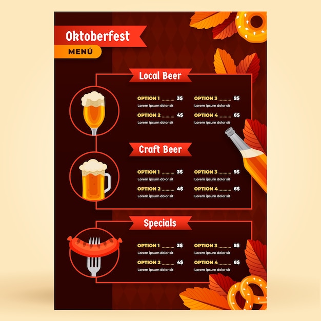 Free vector gradient vertical menu template for oktoberfest beer festival celebration