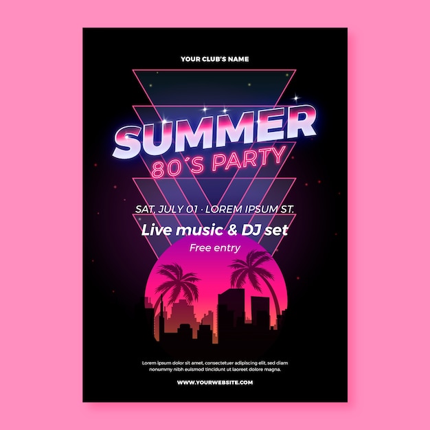 Градиентный вертикальный шаблон плаката для летней вечеринки в стиле 80-х