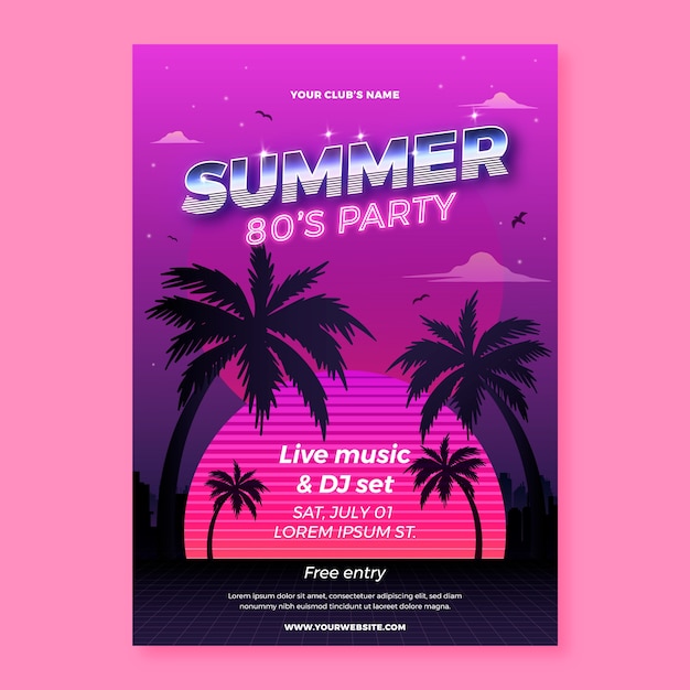 80년대 테마 여름 파티를 위한 그라데이션 수직 포스터 템플릿