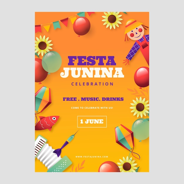 Vettore gratuito modello di poster verticale sfumato per le celebrazioni brasiliane di festas juninas