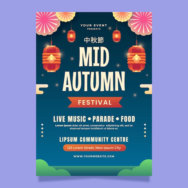 Free vector gradient vertical poster template for chinese mid-autumn festival celebration