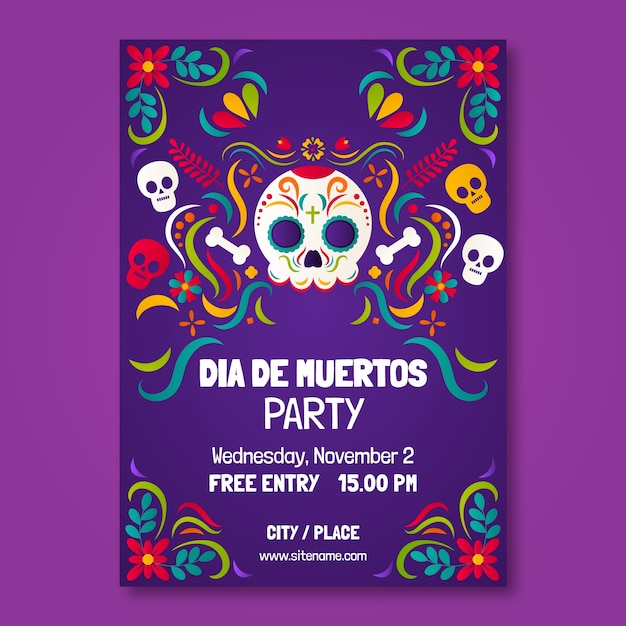 Vettore gratuito modello di poster verticale sfumato per la celebrazione del dia de muertos