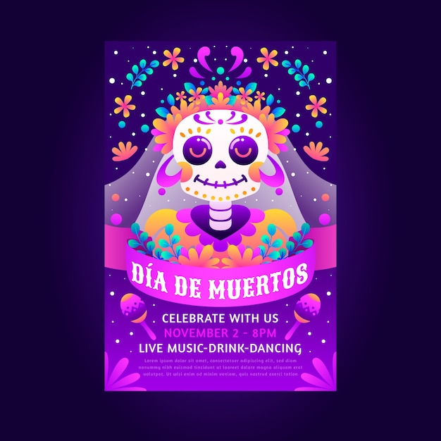 Free vector gradient vertical poster template for dia de muertos celebration