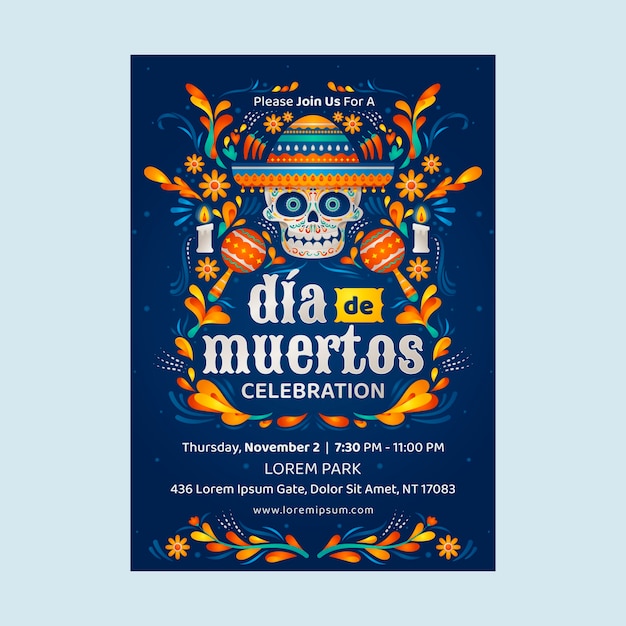 Vettore gratuito modello di poster verticale sfumato per la celebrazione del dia de muertos