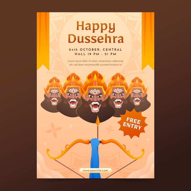 Vettore gratuito modello di poster verticale gradiente per la celebrazione della festa di dussehra