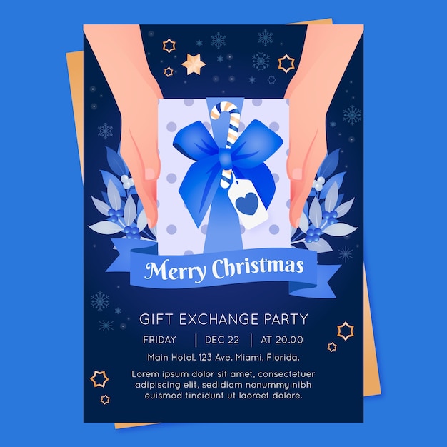 Бесплатное векторное изображение Градиентный вертикальный шаблон плаката для празднования рождественского сезона с руками, держащими подарок