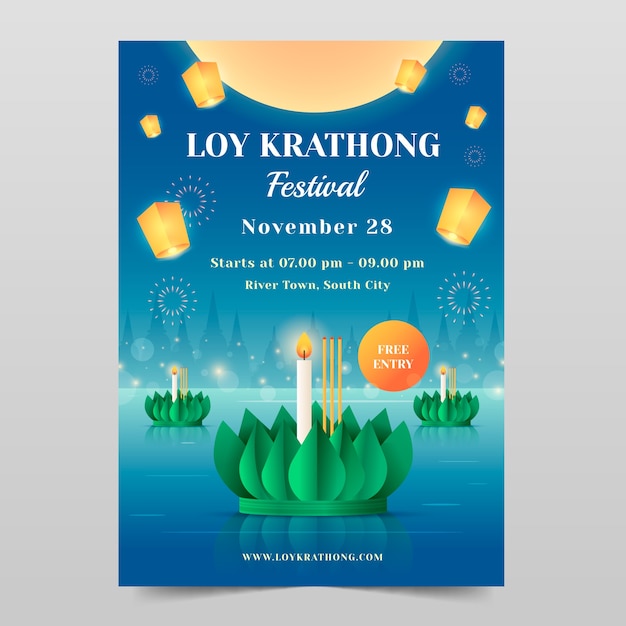 무료 벡터 loy krathong 태국 축제 축하를 위한 그라데이션 수직 포스터 템플릿