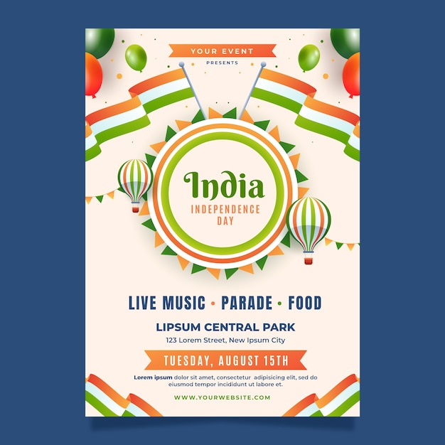 Free vector gradient vertical poster template for india independence day celebration