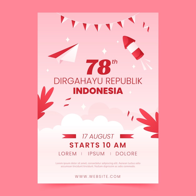 Vettore gratuito modello di poster verticale sfumato per la celebrazione del giorno dell'indipendenza dell'indonesia