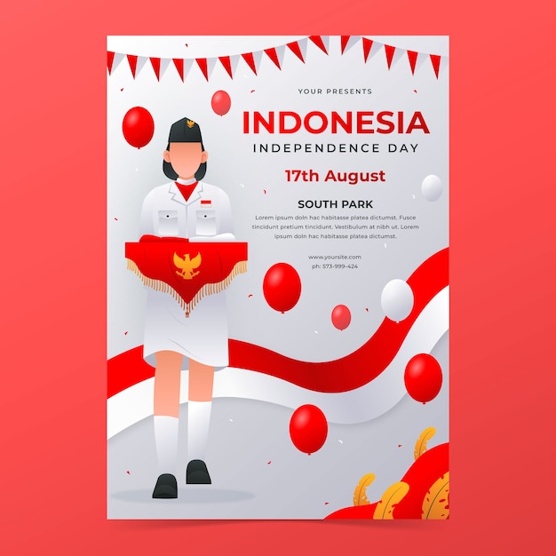 Vettore gratuito modello di poster verticale sfumato per la celebrazione del giorno dell'indipendenza dell'indonesia