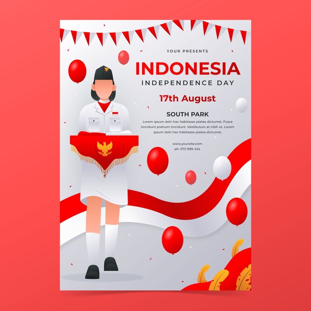 インドネシア独立記念日のお祝いのためのグラデーション垂直ポスター テンプレート