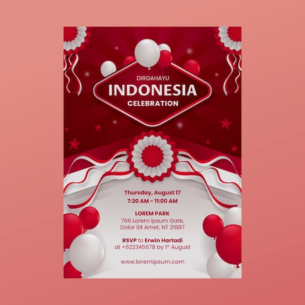 インドネシア独立記念日のお祝いのためのグラデーション垂直ポスター テンプレート