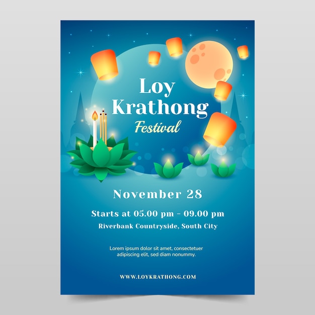 Loy Krathong 태국 축제 축하를 위한 그라데이션 수직 포스터 템플릿