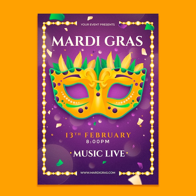 Free vector gradient vertical poster template for mardi gras festival