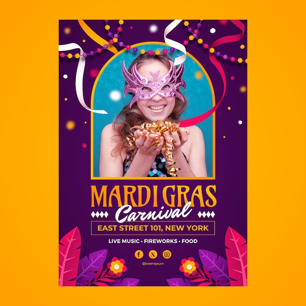 Vettore gratuito modello di poster verticale gradiente per il festival di mardi gras