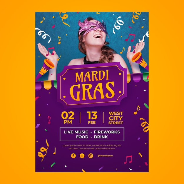 Gradient vertical poster template for mardi gras festival