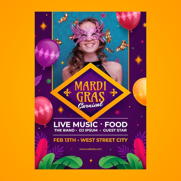 Gradient vertical poster template for mardi gras festival