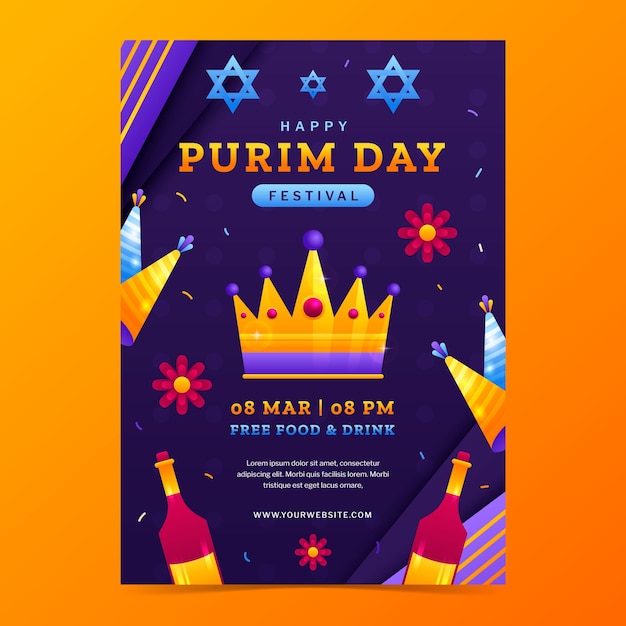 Vettore gratuito modello di poster verticale sfumato per la celebrazione delle vacanze purim