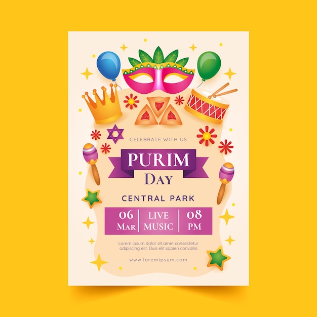 Free vector gradient vertical poster template for purim holiday celebration