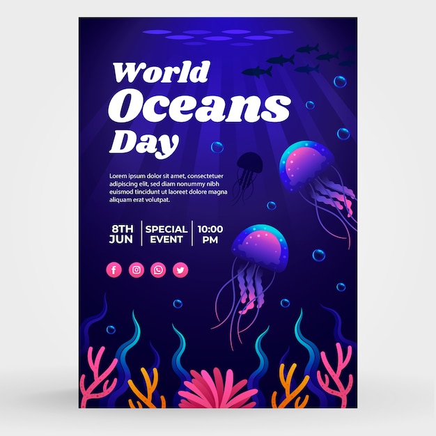 Free vector gradient vertical poster template for world oceans day celebration