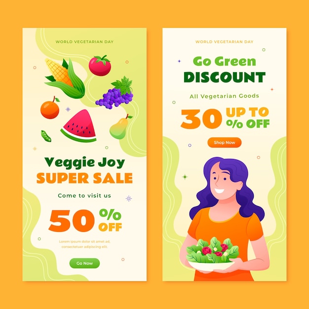 Vettore gratuito modello di banner di vendita verticale sfumato per la celebrazione della giornata vegetariana mondiale