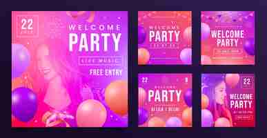 Free vector gradient welcome party instagram posts template