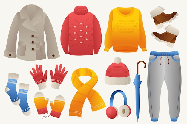 Коллекция градиентной зимней одежды и предметов первой необходимости