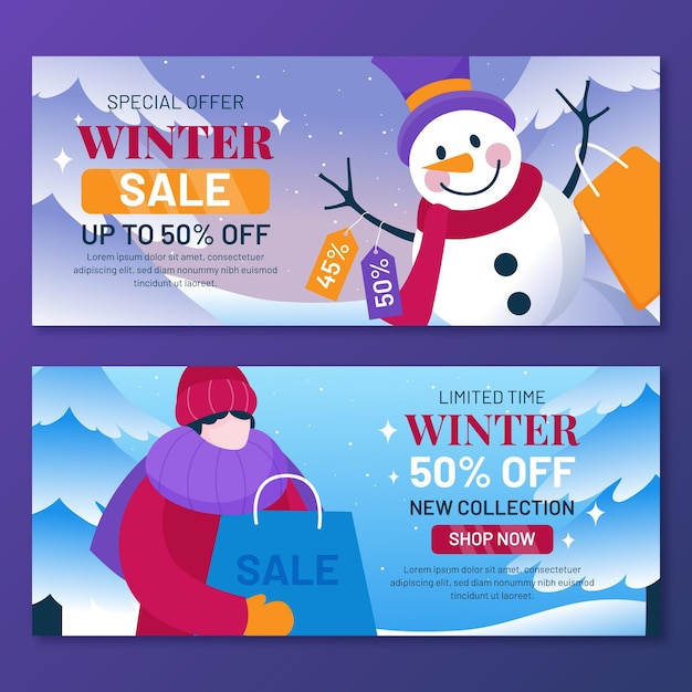 Gradient winter sale horizontal banners set