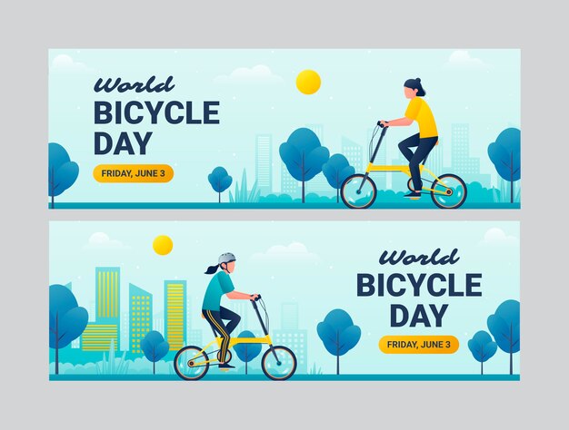Gradient world bicycle day horizontal banners collection