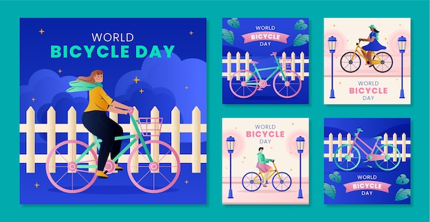 Collezione di post instagram della giornata mondiale della bicicletta gradiente