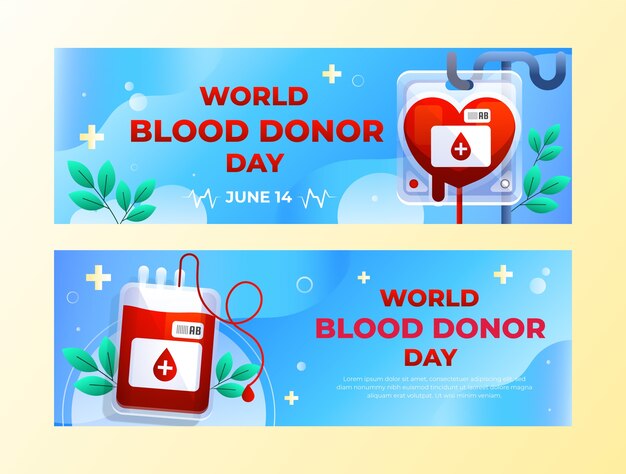 Градиентный всемирный день донора крови горизонтальные баннеры с пакетами крови