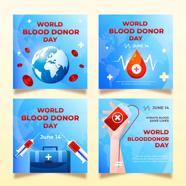 Raccolta di post instagram della giornata mondiale del donatore di sangue gradiente