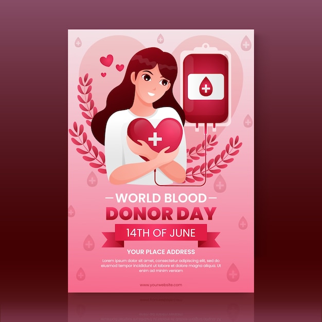 Vettore gratuito modello di poster verticale per la giornata mondiale del donatore di sangue gradiente