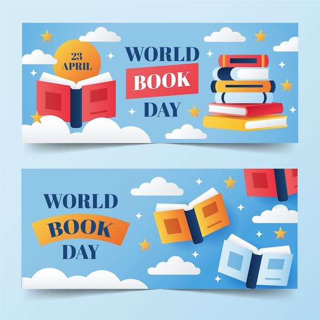 Vettore gratuito set di banner orizzontali sfumati per la giornata mondiale del libro